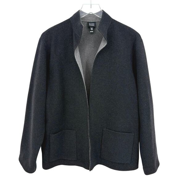 Eileen Fisher Charcoal Gray Open Front Cardigan Jacket Size Large Wool Cashmere - Picture 1 of 7